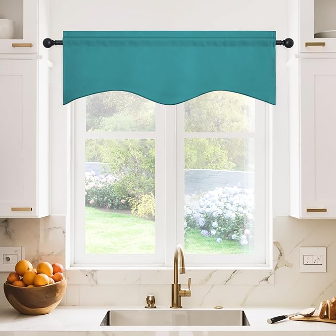 NICETOWN Blackout Valances Scalloped Tier Drape - 42 inches by 18 inches Energy Efficient Rod Pocket Valance Window Treatment Tier Curtain for Camper RV/Bedroom, Peacock Teal, 1 Piece