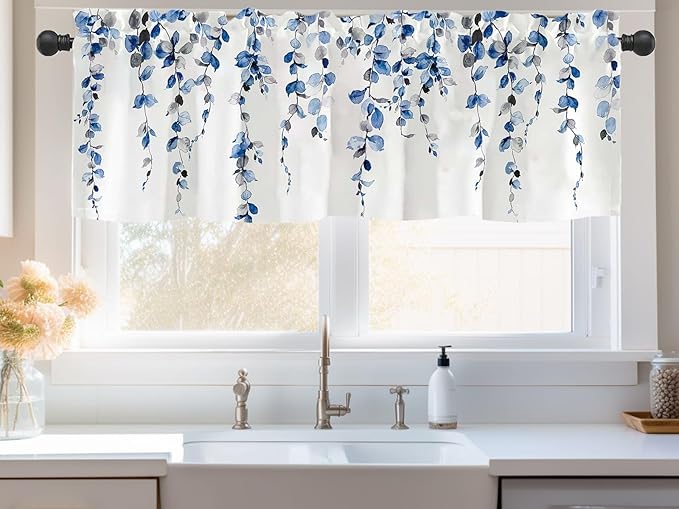 Watercolor Blue Leaves Window Valance for Bedroom Living Room, Grey Leaf Vine Plant Curtains Valanes for Windows, 3" Rod Pocket Window Treatment for Season Home Decorations, 54 x 18 Inch, 1 Panel