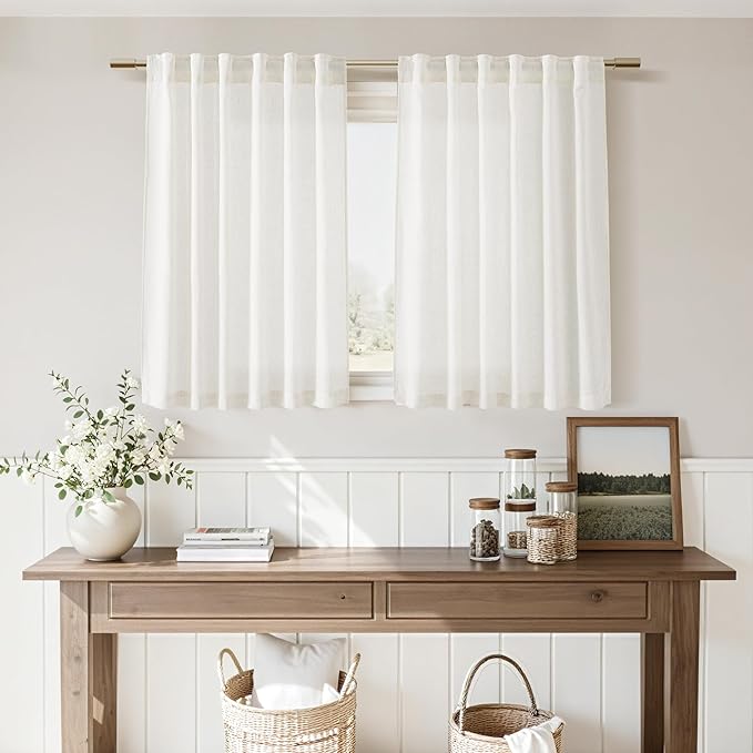 Beige White Linen Curtains for Kitchen Windows Over Sink Neutral 30 Inch Length Back Tab and Rod Pocket Light Filtering Semi Sheer Cafe Curtain for Bathroom RV Small Window 30 x 30 Inch,2 Panels