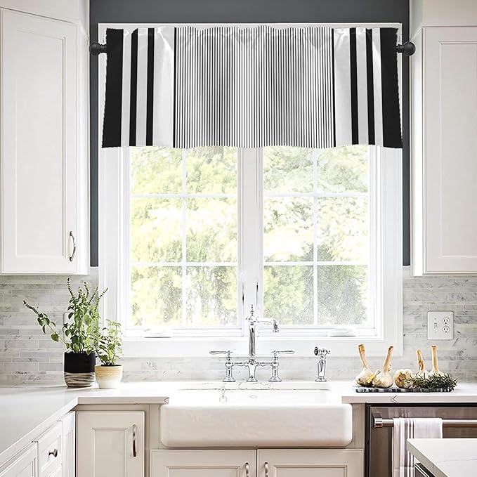 Emvency 2 Pack Valances Window Treatments, Striped Geometric Minimalist Black White Modern Drapes Adjustable Curtain for Windows Living Room Kitchen Over Sink, 52x18 Inch Rod Pocket Valances