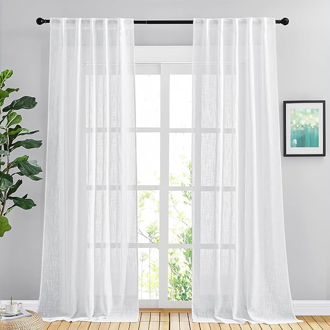 NICETOWN White Semi Sheer Curtains 102 inches Long for Living Room, Rod Pocket & Back Tab Faux Linen Window Treatments Privacy with Light Filtering for Kids Room, W42 x L102, 2 Panels