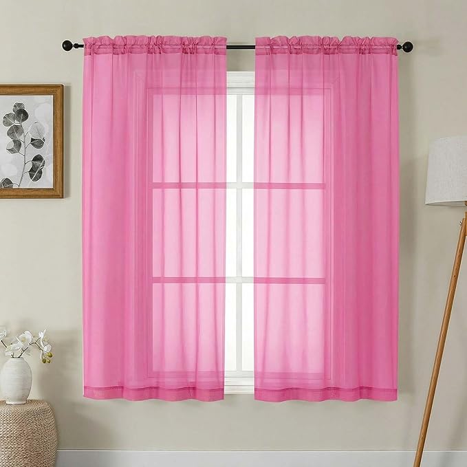 Gwine Sheer Curtains 63 Inch Length - Light Filtering Rod Pocket Window Curtain Panels for Bedroom, Elegant Soft Voile Living Room Sheer Drapes, Each 42Wx63L, 2 Panels, Hot Pink