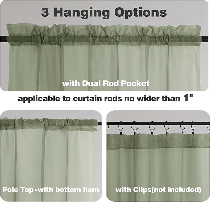 Chyhomenyc Sheer Window Valance Curtains, 42x14 Inches 2PCS, Light Filtering Valances Windows Treatment, Small Rod Pockets Voile Sheer Curtains for Living Room/Bathroom/Basement, Sage Green
