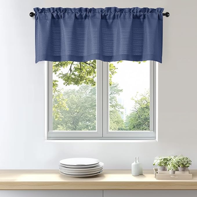 OWENIE Bob 1 PCS Blue Valances for Windows, Faux Linen Textured Kitchen Window Curtains Valance for Bedroom Living Room, Modern Soft Airy Solid Rod Pocket Bathroom Cafe Curtain, 60Wx22L Inch