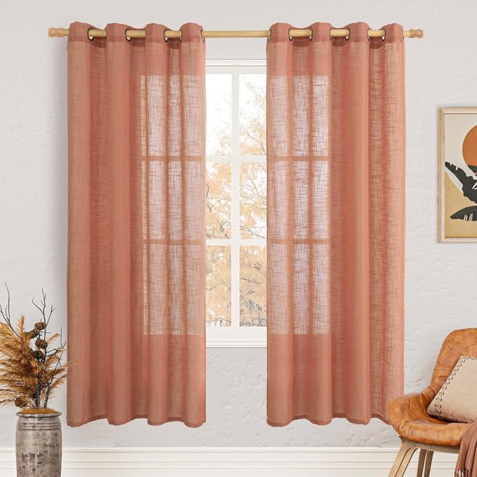 LAMIT Terracotta Linen Boho Curtains for Living Room 78 Inch Length, Rustic Light Filtering Sheer Panels Bronze Grommet Fall Decor Window Drapes for Bedroom/Farmhouse, 2 Panels, 52 x 78 Inch