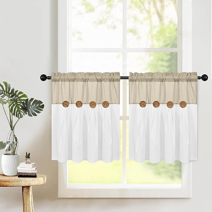 Boho Kitchen Curtains 24 Inch Length, Farmhouse Cotton Linen Tier Curtains, Rustic Button Short Curtain for Windows, Country Cafe Curtain, Rod Pocket Small Window Drapes, Linen and White, 26x24