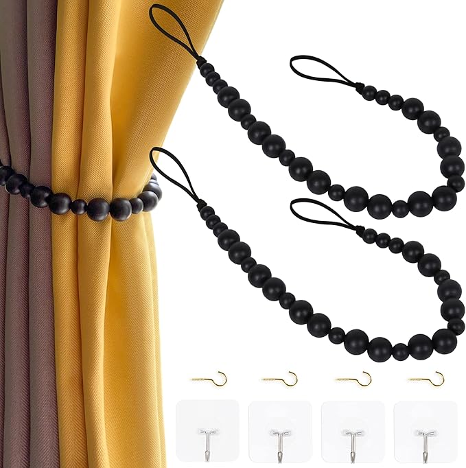 OCIOLI 2 Pieces Wood Bead Curtain Tieback Boho Curtain Tiebacks Curtain Holdbacks for Wall Curtain Ties Curtain Tie Backs with Hooks for Boho Decor Bedroom Decor Nursery Decor (Black Color, 2)