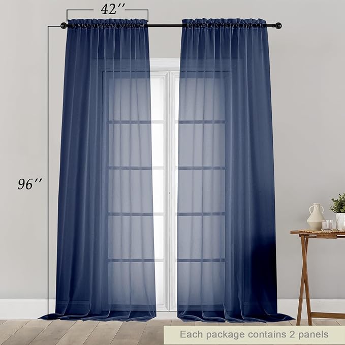 Navy Blue Sheer Curtains for Bedroom Living Room 96 Inches Long 2 Panels, Modern Airy Soft Lightweight Rod Pocket Light Filtering Sheer Curtains Drapes, Navy Blue, Each 42" Wx96 L Inch