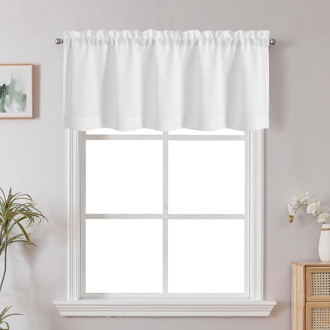 Chyhomenyc White Short Curtain Valance for Windows, Faux Linen Textured Half Window Curtains, Burlap Solid Topper Small Curtain Valance for Bathroom Laundry Basement, 60Wx20L Inch, 1 Piece