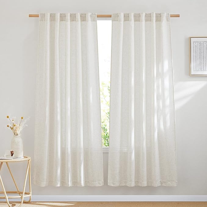 NICETOWN Natural Linen Curtains 72 inches Length, Rod Pocket & Back Tab Privacy with Light Filtering Drapes Flax Linen Blend Window Treatments for Farmhouse/Living Room, W42 x L72, 2 Panels