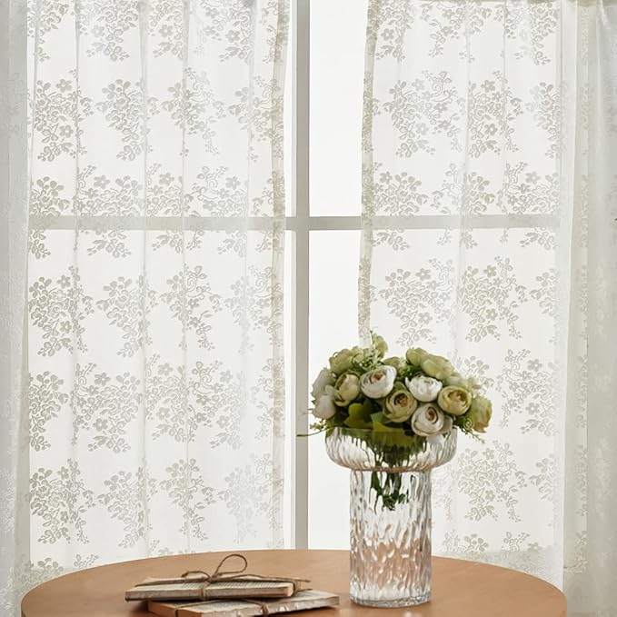 YJ YANJUN Vintage Lace Curtains 36 Inch Length-Victorian Floral Pattern Ivory Country Cafe Sheer Curtains for Kitchen & Bathroom, Short Light Filtering Drapes, 2 Panels 26W x 36L Cream