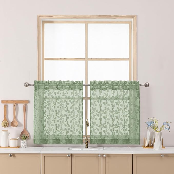 Chyhomenyc Sage Green Sheer Curtains 24 Inch Length, Light Filtering Leaf Tufted Textured Small Window Kitchen Curtain Over Sink, Short Half Window Curtains for Bathroom Basement, 30"Wx24"L, 2 Panels