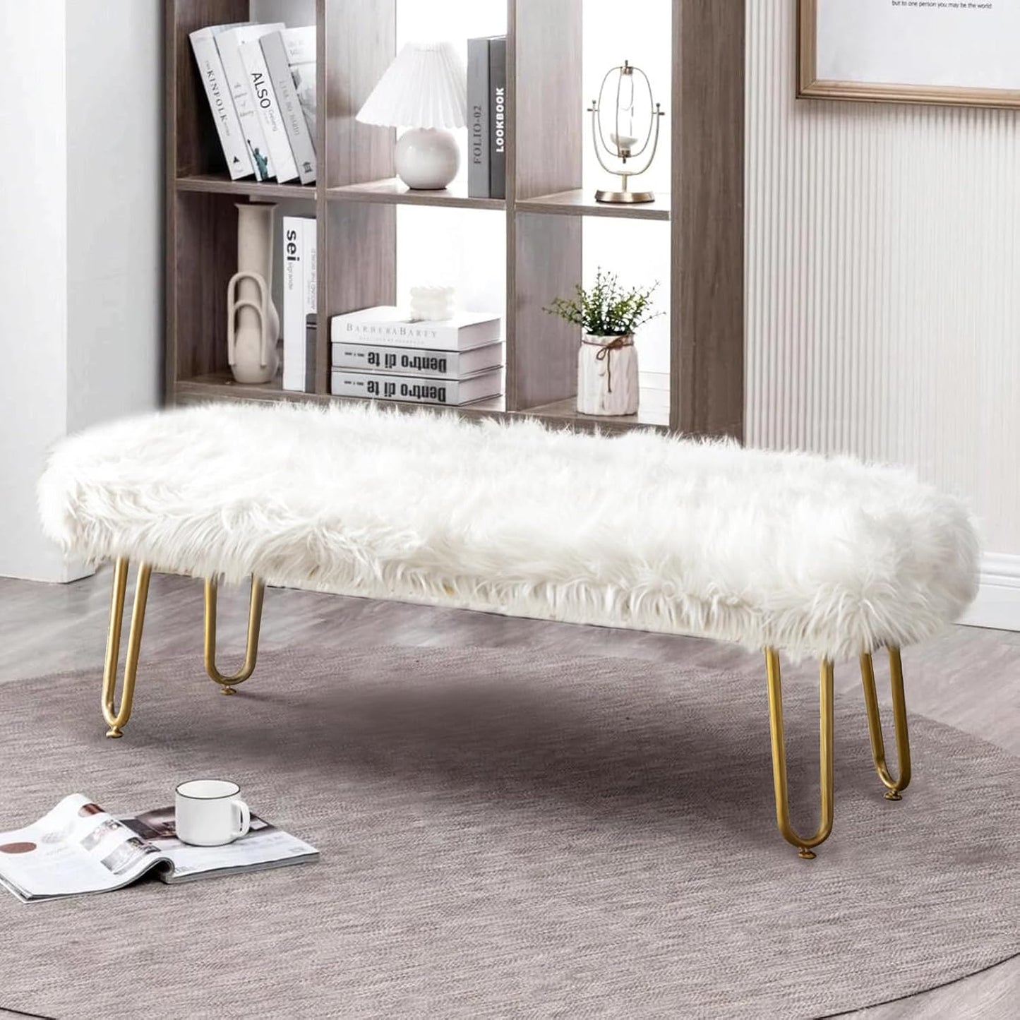 42.5Inch White Bedroom Bench, Benches for Bedroom White Faux Fur Upholstered Bed end Bench, Tufting Bench Indoor Bench with Metal Legs for Living Room Bedroom Dining Room Entryway