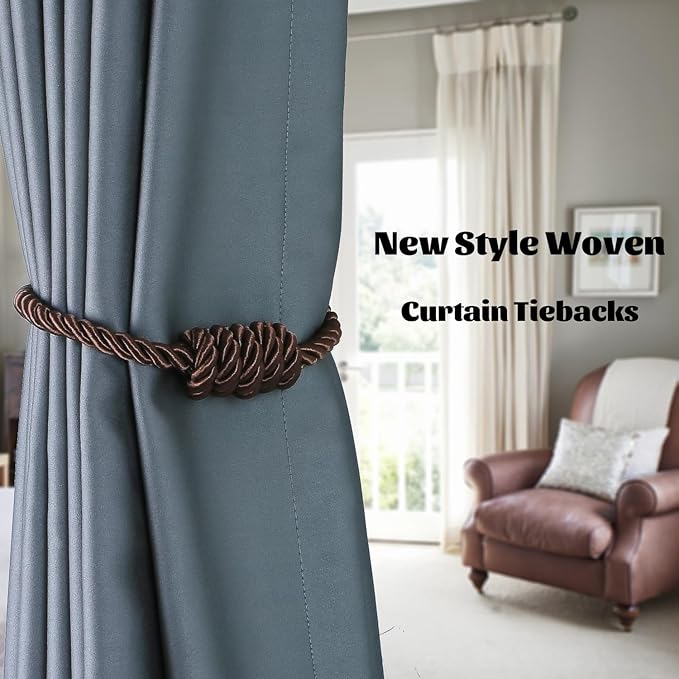 BEL AVENIR Magnetic Curtain Tiebacks, Decorative Drapery Holdbacks Modern Woven Tie-Backs with Exquisite Knot (Coffee, 2 Pack)