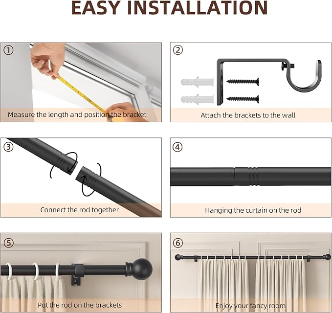 SMODBRODRE Curtain Rods for Window 32 to 78, Black 5/8 inch Splicing Single Window Curtain Rod Set with Brackets