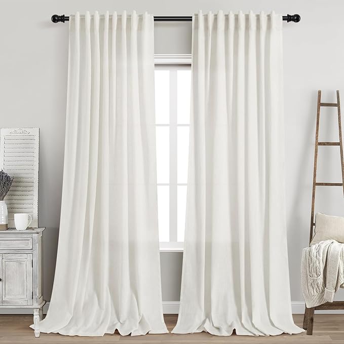 Nanspring Extra Long 108 Inch Curtains Linen for Living Room Beige White Coastal Decor Privacy Light Filtering Curtains Back Tab Rod Pocket Floor to Ceiling Curtain for Bedroom Office 9Ft 60x108