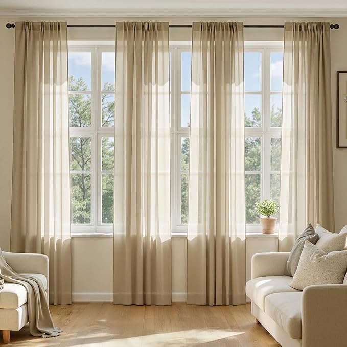 MIULEE Beige Sheer Curtains 108 Inches Long, 4 Panels Set, Rod Pocket Voile Drapes Light Filtering and Semi Transparent, Elegant Window Treatments for Bedroom Living Room,42 x 108 Inches