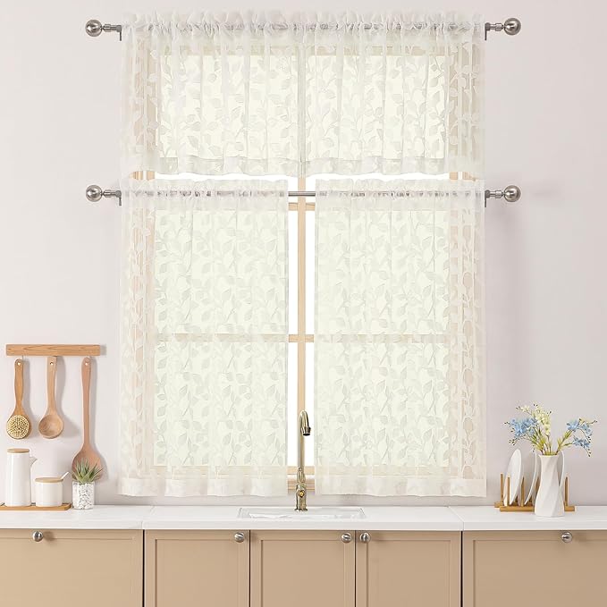 Chyhomenyc Ivory Sheer Valances for Windows 18 Inch Length 2 Pcs, Light Filtering Leaf Textured Cafe Short Kitchen Curtains, Top Small Curtain for Living Room Bedroom Basement, 42" W x 18" L