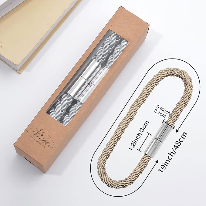 NICEEC 2 Pack Magnetic Curtain Tiebacks Modern Simple Style Drape Tie Backs Convenient Decorative Weave Rope Curtain Holdbacks for Thin or Thick Home & Office Window Draperies (Khaki)