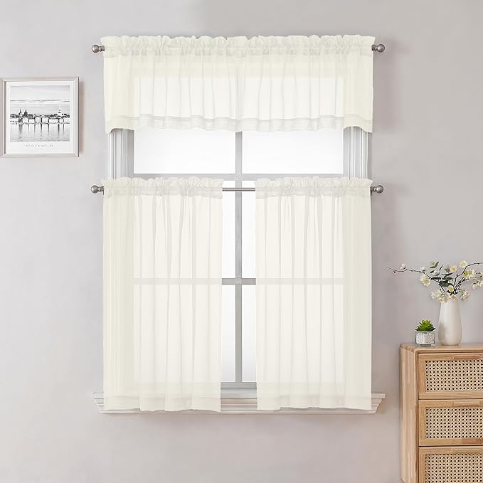 Lecloud Ivory Sheer Valances for Windows 18 Inch Length 2 Pcs, Cafe Kitchen Curtains for Bedroom Living Room, Short Curtains for Small Windows with Dual Rod Pocket Home Decor, 42" W x 18" L