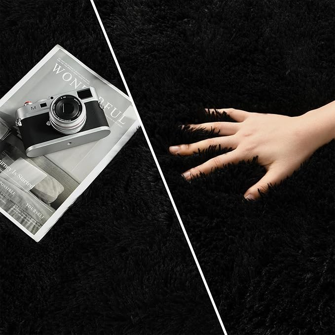 Deerhoo Large Shag Area Rugs 8 x 10, Tie-Dyed Plush Fuzzy Rugs for Living Room, Ultra Soft Fluffy Furry Rug for Bedroom, Indoor Carpet Nursery Rugs for Kids Room Home Decor, Black