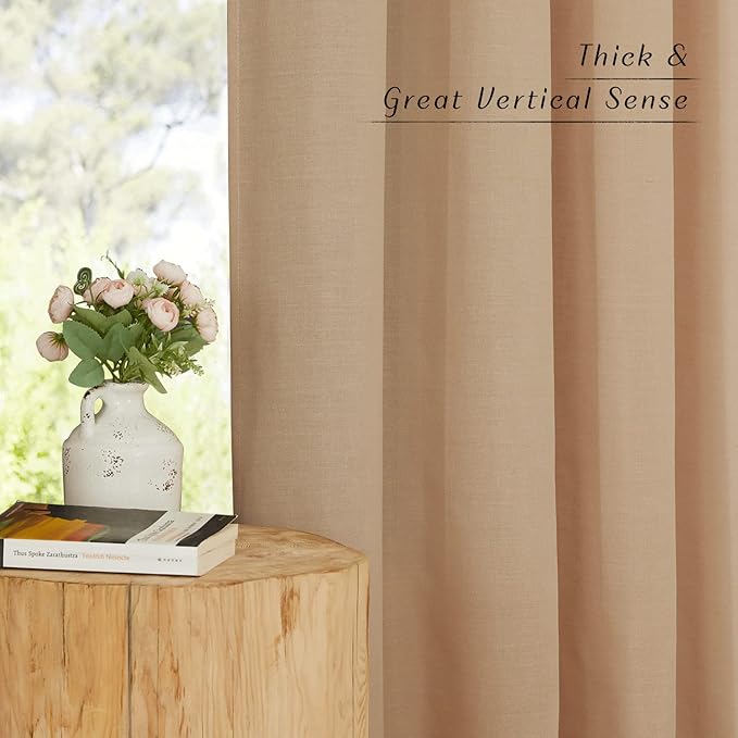 NICETOWN Linen Flax Semi Sheer Curtains 92" Length, Grommet Window Treatments Privacy Added with Light Penetration Vertical Drapes for Loft/Home Office, Camel, W55 x L92, 2 Panels