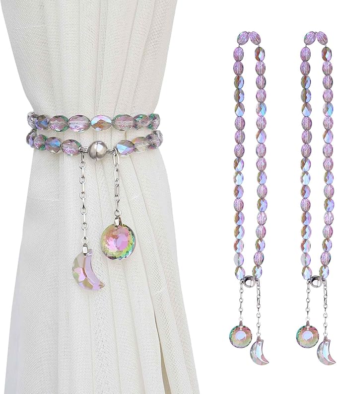 PEDOBO Magnetic Curtain Tiebacks, 2 Pack Crystal Beaded Sun & Moon Pendants Sheers/Draperies Holdbacks for Window Home Office Decor (Purple)