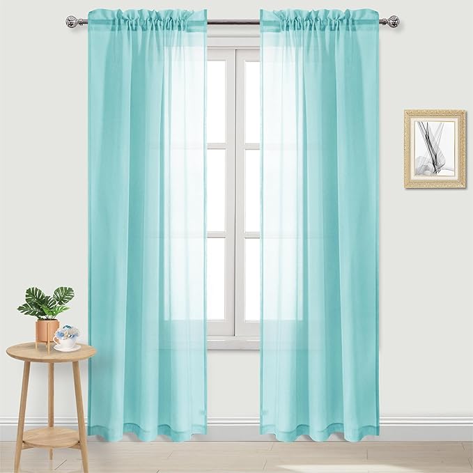 DWCN Aqua Sheer Curtains Semi Transparent Voile Rod Pocket Curtains for Bedroom and Living Room, 42 x 84 inches Long, Set of 2 Panels