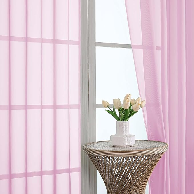 OVZME Light Pink Sheer Curtains 84 Inches Long 2 Panels Set, Light Filtering Sheer Curtains for Living Room Bedroom 59 Inch Extra Wide, Modern Voile Filmy Rod Pocket Window Drapes, 59Wx84L Inches