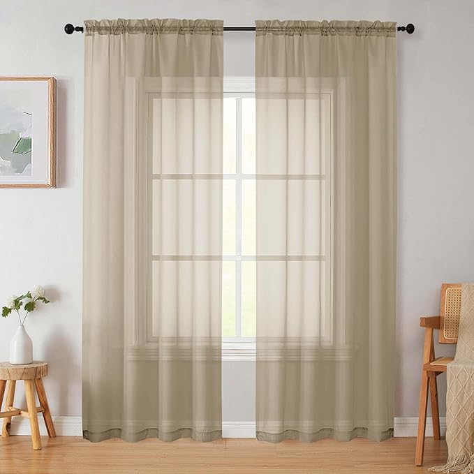 Taupe Sheer Curtains 84 Inches Long 2 Panels, Soft Airy Light Filtering Curtains for Bedroom Living Room, Modern Rod Pocket Privacy Drapes Window Treatments, Taupe, Total Wide 84 Inch