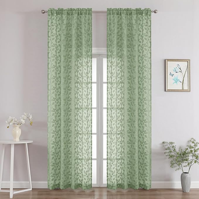 Chyhomenyc Sage Green Sheer Curtains 96 Inch Length 2 Panels Set, Light Filtering Tufted Textured Soft Airy Rod Pocket Gentle Leaf Window Treatment Drapes for Bedroom Living Room, 42" Wx96 L, 2PCS