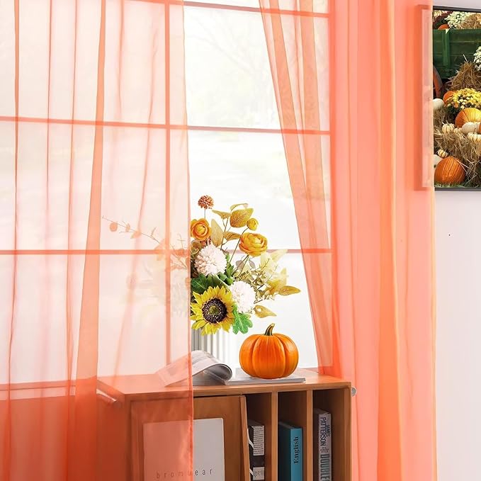 youleyar Solid Sheer Rod Pocket Curtain Voile Draperies 2 Panels White Beige Black Grey Coffee 52 Inch Width 90 Inch Long 1 Pair for Kitchen Bedroom Children Living Room Yard (Orange Red,52Wｘ90L)