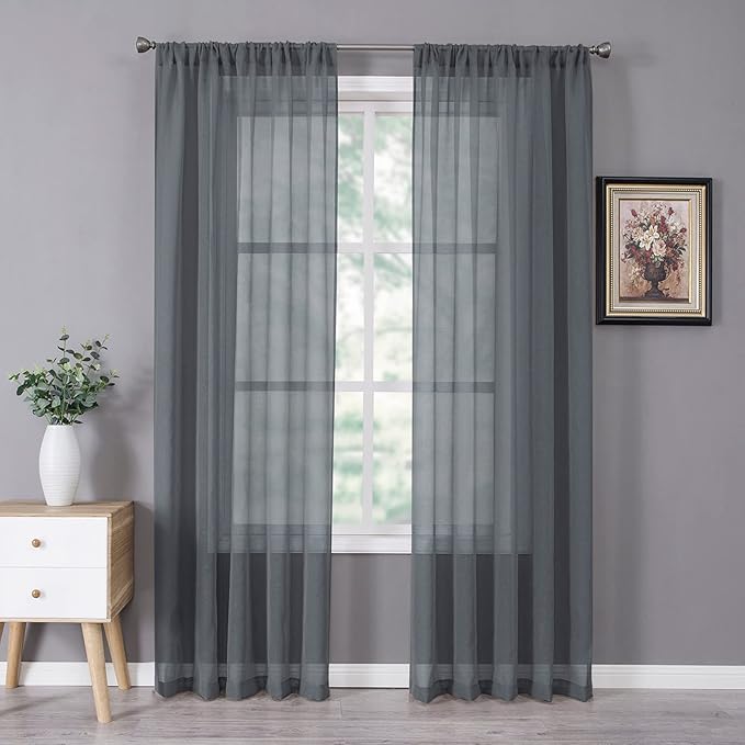 Tollpiz Sheer Curtains Linen Textured Bedroom Curtain Sheers Light Filtering Rod Pocket Voile Curtains for Living Room, 54 x 84 inches Long, Dark Grey, Set of 2 Panels