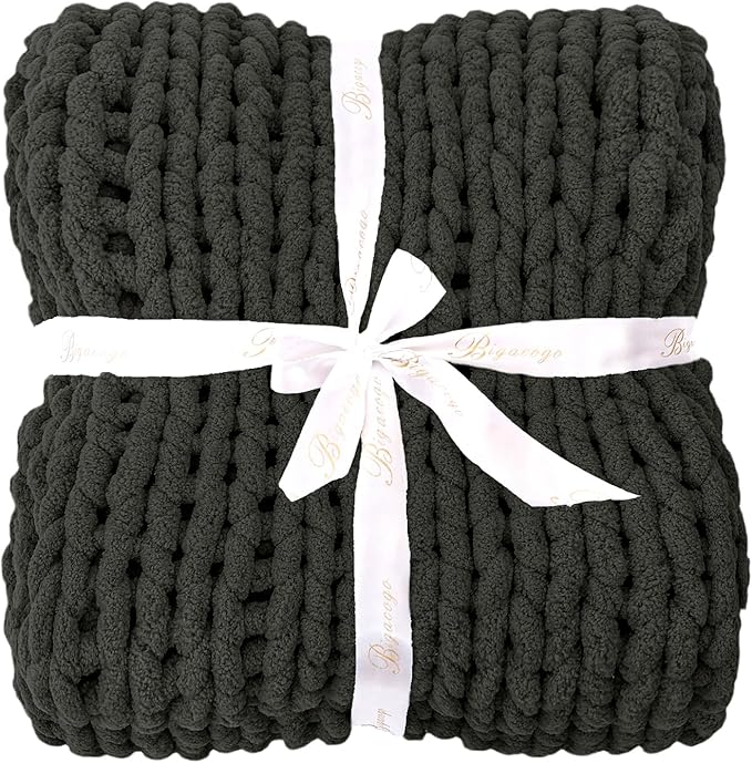 Bigacogo Chunky Knit Throw Blanket for Couch, 40x80 inches, 100% Hand Knitted with Thick Jumbo Chenille Yarn, Cozy Soft Large Rope Knot Cable Crochet Blankets for Sofa Bed Living Room, Dark Grey