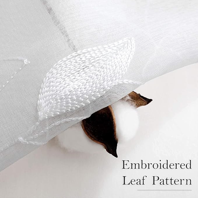 HOMEIDEAS White Sheer Curtains 52 X 96 Inches Long 2 Panels Embroidered Leaf Pattern Pocket Faux Linen Floral Semi Sheer Voile Window Curtains/Drapes for Bedroom Living Room