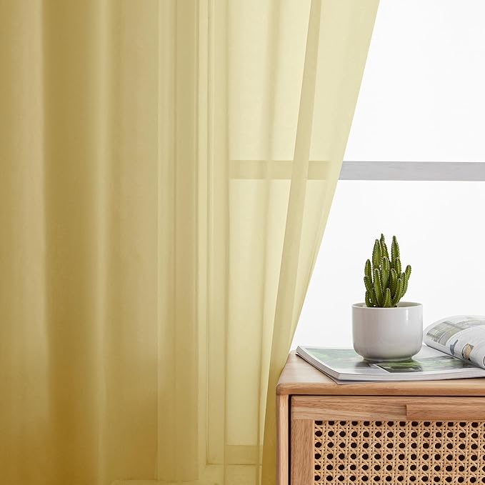 Simplebrand Yellow Tier Curtains for Kitchen 24 Inches Long 2 Panel Set, Rod Pocket Cafe Curtain Light Filtering Sheer Short Curtains for Bathroom/Basement Half Window 42 x 24 Inch, 2Pcs
