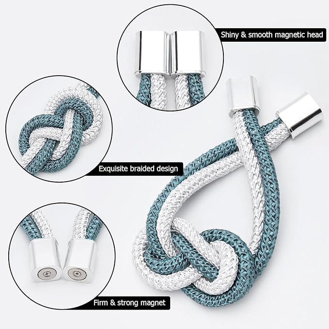 NICEEC 2 Pack Mini Magnetic Curtain Tiebacks Nordic Simple Style Drape Tie Backs Elegant Hand Weave Rope Knot Decorative Curtain Holdbacks for Home & Office Thin Window Drapery (Teal & White)