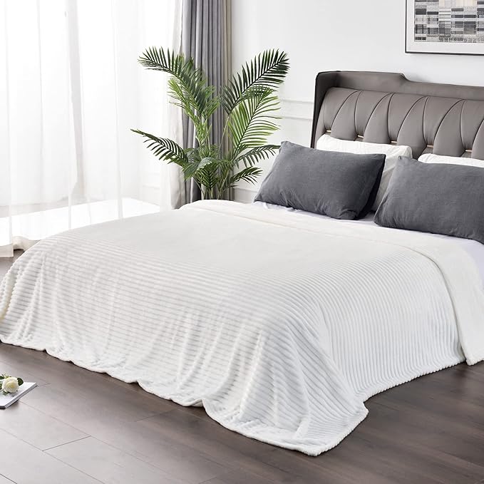 BEDELITE Fleece Blanket Queen Size – 3D Ribbed Jacquard Soft and Warm Decorative Fuzzy Blankets – Cozy, Fluffy, Plush Lightweight Throw Blankets for Couch, Bed, Sofa(Off White, 90x90 inches)