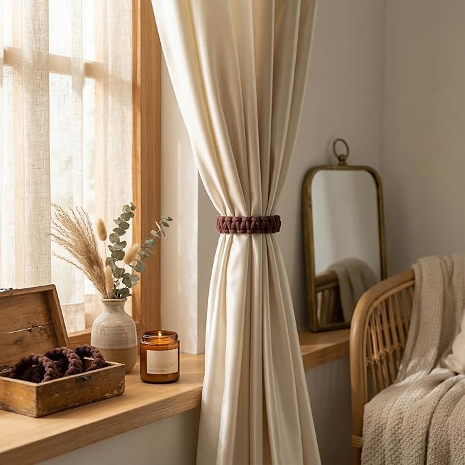 Ptwola 4 Pack Braided Curtain Tiebacks Boho Elegant Rustic Curtain Holdbacks Tie Backs Holders Set Simple Light Weight Drapes Decorative Accessories Handmade for Home Office Bedroom Window