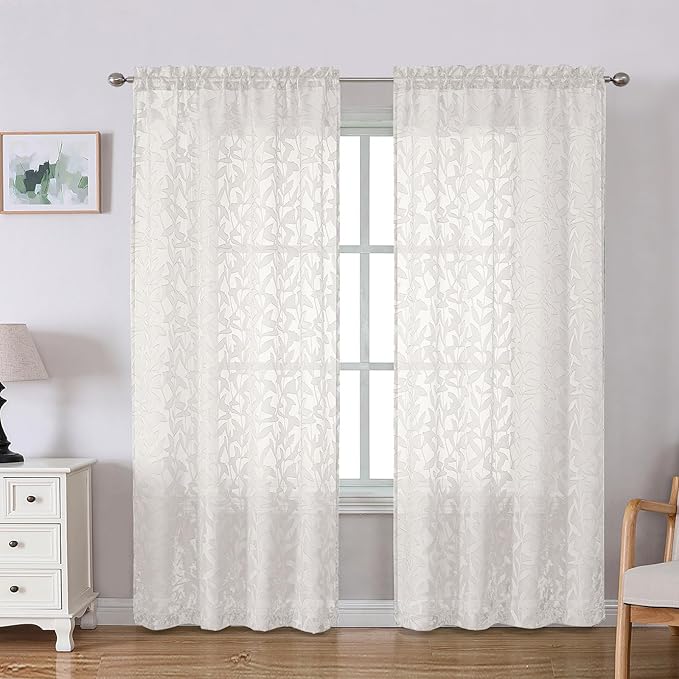 Lecloud Leia Ivory Sheer Curtains 78 Inches Long 2 Panels, Privacy Airy Voile Jacquard Leaf Textured Curtains, Dual Rod Pockets Farmhouse Drapes for Living Room Bedroom Dining Room, 42" W x 78" L