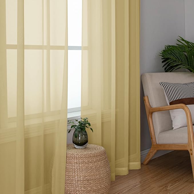 Simplebrand Gold Sheer Curtains 84 Inches Long, Light Filtering Rod Pocket Solid Color Window Sheer Curtain Panels, Elegant Curtains & Drapes for Living Room, Bedroom 2 Panels, 59" W x 84" L