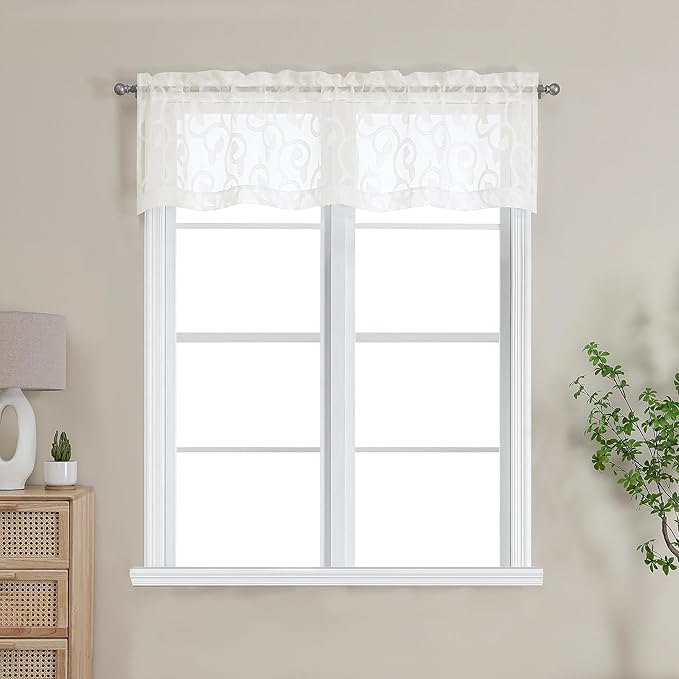 OWENIE Furman Ivory Sheer Curtains Valances for Windows, Small Short Sheer Curtains for Living Room Bedroom, Airy Solid Curtains with Geometric Jacquard Clip Design, 2 Pcs Each 40Wx14L inch