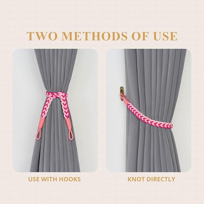 NICEEC 2 Pack Natural Cotton Rope Curtain Tiebacks Elegant Boho Style Decorative Drape Tie Backs Soft Hand-Woven Rope Curtain Holdbacks with Metal Hook for Home & Office Drapery (Gradient Red)