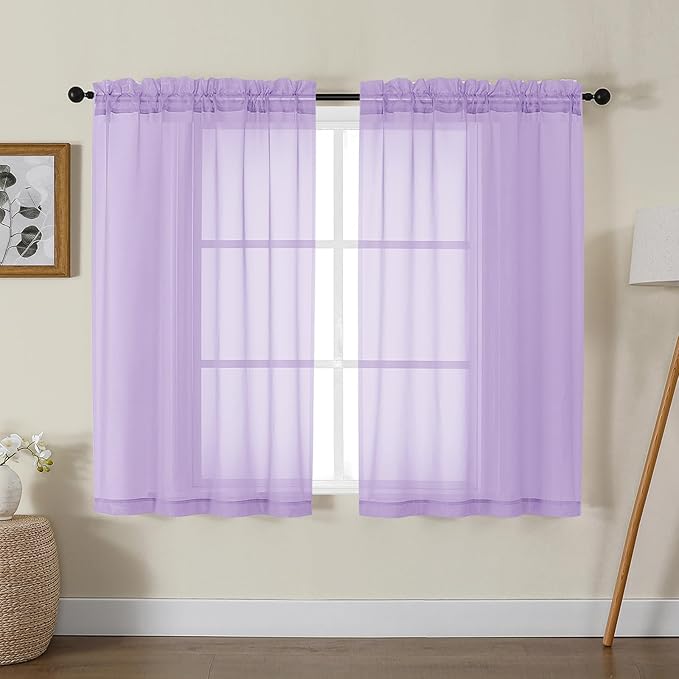 Gwine Lilac Sheer Curtains for Living Room 45 inches Long, Short Voile Light Filtering Window Treatments Sheer Curtains for Bedroom, Half Window Drapes with Rod Pocket, Each 42" Wx45 L