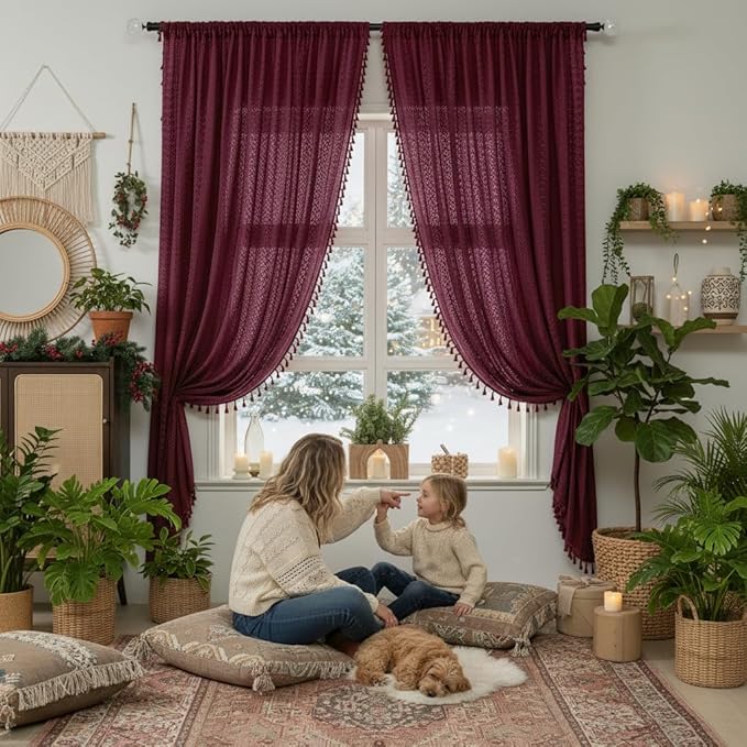 WAZZIO Boho Lace Curtains 63 Inches 2 Panel,Light Filtering Privacy Tassel & Geometry Crochet Semi Sheer Curtain Drapes for Bedroom Living Dining Room,Rod Pocket & Tassel,Burgundy Red
