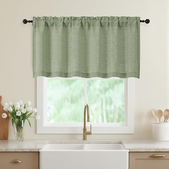 Sage Green Valances for Windows, Light Filtering Faux Linen Textured Small Short Valance Curtains for Bathroom Basement Farmhouse, Rod Pocket Top Half Curtains for Windows, 60" Wx24 L