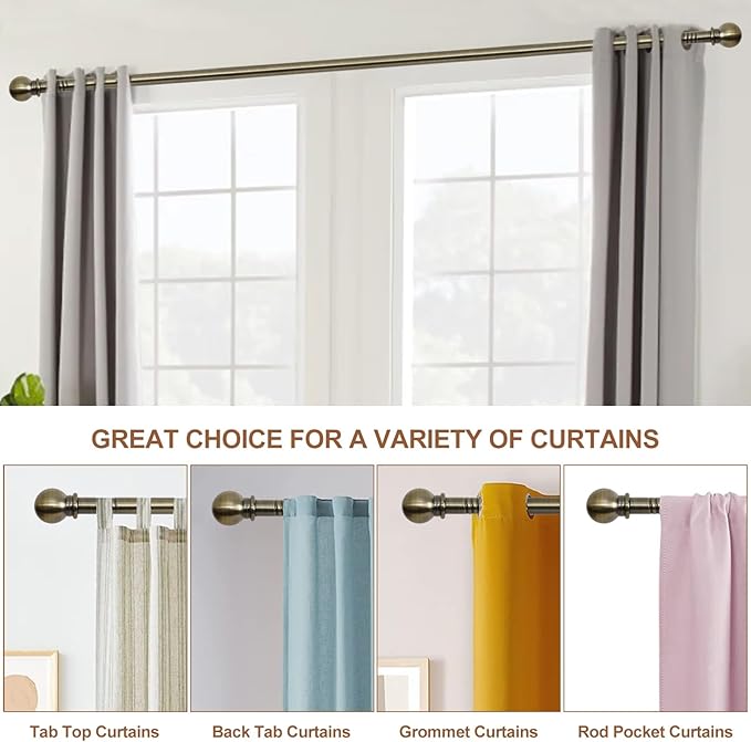Antique Brass Curtain Rods for Windows 48 to 88, Adjustable 5/8 inch Brushed Brass Curtain Rod Set with Brackets, Heavy Duty Decorative Drapery Rod for Bedroom, Living Room