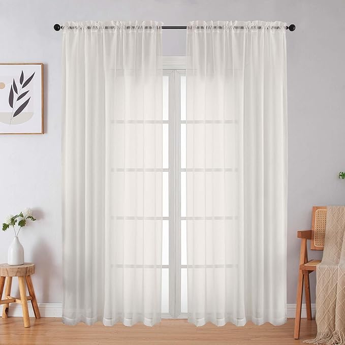 Ivory Sheer Curtains 84 Inches Long 2 Panels Set for Bedroom Living Room, Soft Airy Light Filtering Modern Solid Rod Pocket Drapes Window Treatments, Ivory, Each 59" W x 84" L