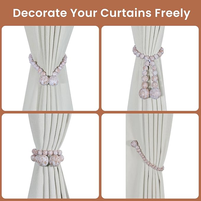 KLOGTSIND Magnetic Curtain Tiebacks, Curtain Tie Backs for Curtains 6 Pack, Wood Bead Curtain Tiebacks, Curtain Holders for Boho Bedroom Decor, Baby Nursery Decor, Farmhouse Decor