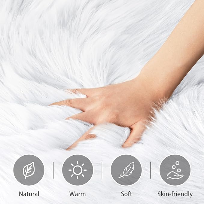Ciicool White Fur Fluffy Rug, 2x4 ft Small Faux Fur Rug for Bedroom, Washable Faux Sheepskin Rugs for Sofa Couch Seat Cushion, Thick Shaggy Furry Rugs Floor Carpets for Bedside Living Room
